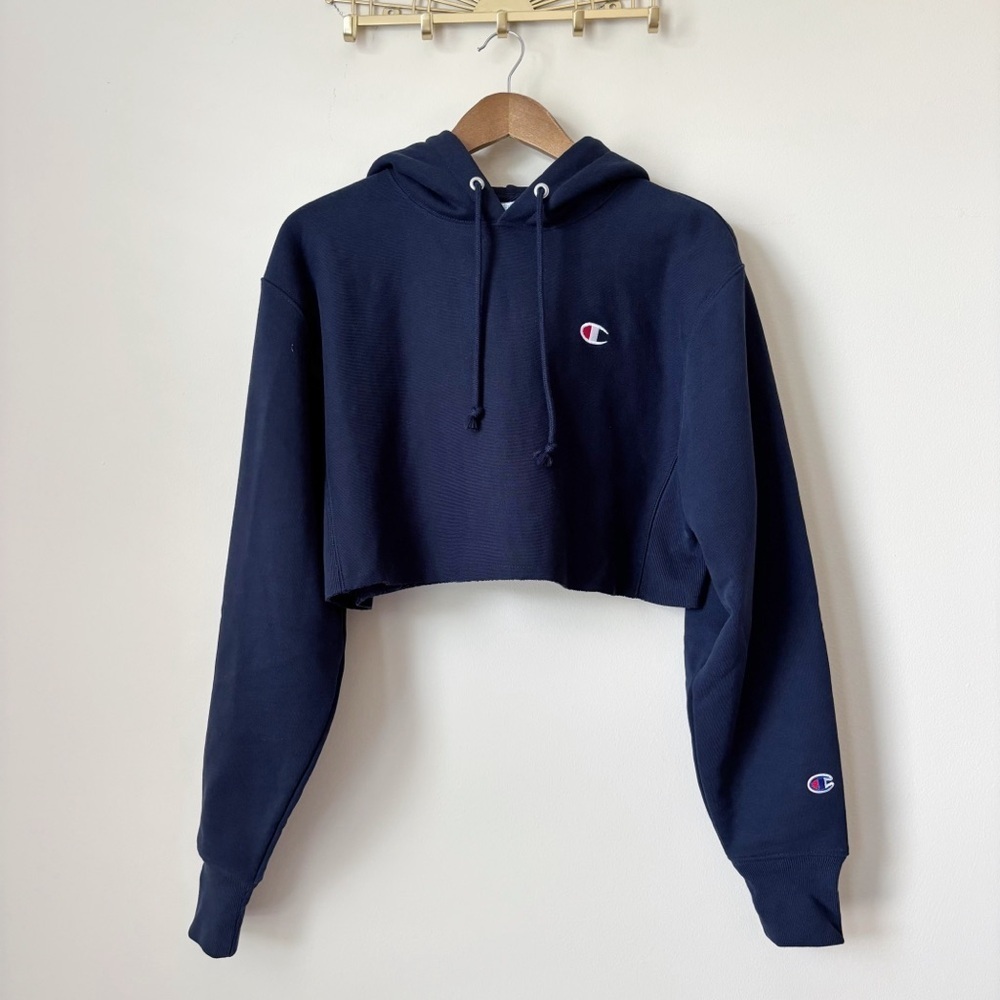 Champion Navy Blue Reverse Weave Cropped Pullover Hoodie XS